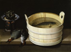Glowing stove with artichoke, green woodpeckers and aquatic tub with carp, oil on canvas, 54.5 x 72