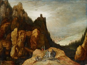 Alpine landscape with castle, 1590-1595 (?), Oil on oak, 35.2 x 47.4 cm, not marked, Tobias