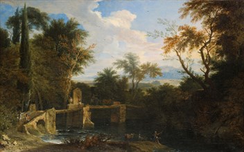 Italianizing river landscape with wooden temporary bridge, oil on canvas, 76.5 x 125 cm, signed on