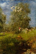Spring, 1873, tempera (?) On canvas, 123.3 x 85.6 cm, signed and dated lower right: Hans Thoma 73,