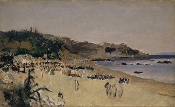 On the beach of Tangier, c. 1858/60, oil on canvas, mounted on cardboard, 31.3 x 51.4 cm, unmarked,