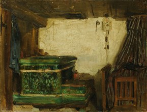 Barn corner with tiled stove, oil on canvas, on board, 24 x 31.5 cm, signed lower left: Anchor,