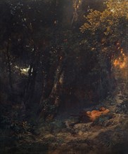 Forest Landscape with Resting Pan, c. 1855, oil on canvas, 89.8 x 75.2 cm, signed lower right: A.