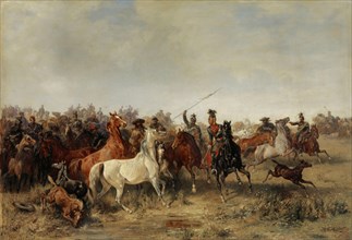 Uhlans hunt down a herd of horses from Honved Hussars, 1863, oil on canvas, 83.5 x 121.8 cm, signed