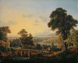 Hilly landscape with river and bridge, oil on canvas, 39.5 x 50 cm, not marked, Peter Birmann,
