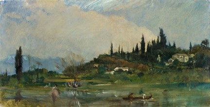 North American landscape near a pond, oil on canvas, mounted on cardboard, canvas: 24.5 x 48.5 cm,