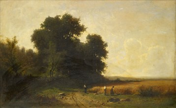 Harvest on the edge of a forest, 1872, oil on canvas, 75 x 128 cm, Signed and dated lower right: