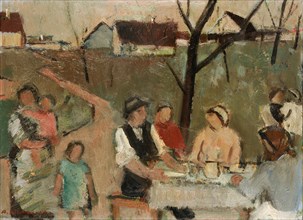 Family at the table in the open air, 1943, oil on board, 25.3 x 34.8 cm, Signed and dated lower