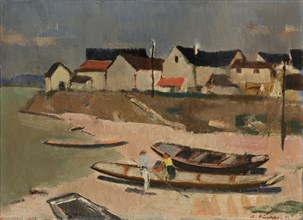 Fishing village in Baden, 1943, oil on board, 25 x 35 cm, signed and dated lower right: A. Fiechter
