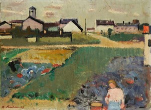 Krautfeld in front of the village, 1943, oil on board, 25.5 x 34.5 cm, signed and dated lower left: