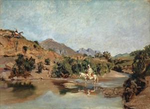 Moroccan rider in the ford of the Wad Boswicha, 1860, oil on paper, 31.5 x 43.3 cm, Inscribed,