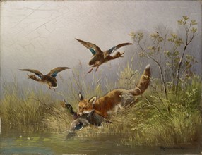 Fox on the Duck Hunt, oil on panel, 21 x 26.5 cm, signed and inscribed lower right: MMüller.,