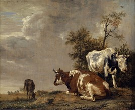Three cattle in the pasture, 1646, oil on oak, 25.2 x 31.3 cm, Signed and dated top left: Paulus