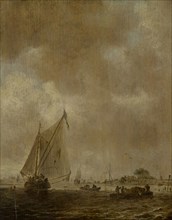 Sailing ship, around 1650/1655, oil on oak wood, 26 x 21 cm, monogrammed left in the right boat: