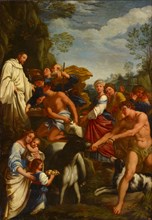 The hl., Benedict receives food from the shepherds, oil on canvas, 114 x 80 cm, unsigned, Guido