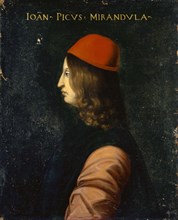 Portrait of Giovanni Pico della Mirandola, oil on canvas, 77 x 63 cm, unmarked., Above: IOAN [NES]