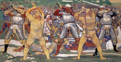 The Battle of Näfels, 1896-1897, tempera on paper, 52.3 x 98.3 cm, signed lower right: F. Hodler.,