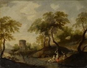 River landscape with staffage, oil on oak, 25 x 31.5 cm, not marked, Französischer Meister, 18. Jh.