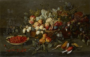 Still Life with Strawberries, Fruits and Dead Birds, oil on panel, transferred to canvas, 67 x 105