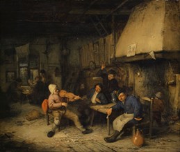 Violin player and drinking farmers in a tavern, 1663, oil on oak wood, 42.4 x 49.3 cm, Signed and