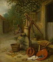 Courtyard of a farmhouse with pump wells, c. 1665/75, oil on oak, 26.7 x 22.8 cm, signed on the