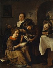 Children teach a cat to read, c. 1665-1668, oil on oak, 45 x 35.5 cm, signed lower right on the
