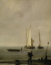 Fishing boats on the beach, oil on canvas, 23.5 x 18.5 cm, not specified, Willem van de Velde d. J