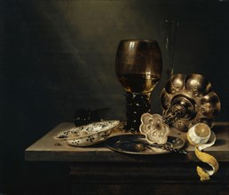 Still Life with Wan Li Plate, Romans and Foot Bowl, 1649, oil on oak, 57.1 x 67.7 cm, signed and