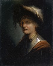 Study Head (Mann in Halsberge and Beret), half profile to the left, oil on canvas on panel, 14.8 x