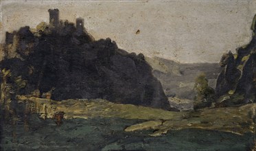 Ruin Neu Falckenstein near Balsthal, 1886/1889, oil on lime wood, ca. 13 x 22 cm, monogrammed lower