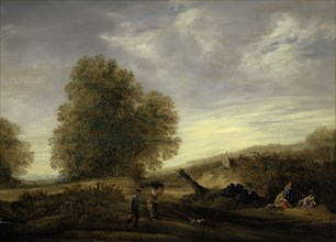 Landscape with staffage, oil on canvas, 57 x 74.5 cm, not specified, Niederländischer Meister, 17.