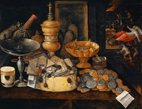 Still life with riches and the death of the miser, around 1600, oil on oak wood, 51.5 x 61.5 cm on