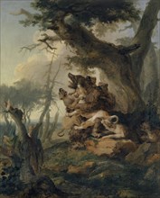 Bear, attacked by a pack of dogs, 1772, oil on canvas, 102 x 82 cm, unmarked, Caspar Wolf,