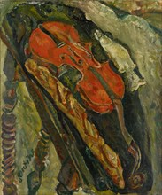 Nature morte au violon, pain et poisson, around 1922, oil on canvas, 65 x 54 cm, signed and dated,