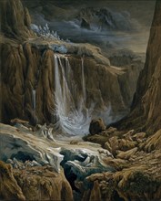 Waterfall in the high mountains, between two glacier masses, 1829, pencil, quill, watercolor and