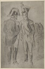 Two old officers in conversation, pencil and quill, washed, sheet: 18 x 12 cm, unsigned, Constantin