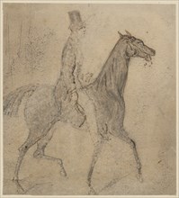 Rider on horseback, feather in black, washed in gray and wiped, sheet: 14.5 x 13.1 cm, unsigned,