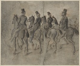 Four company on horseback, pencil, pen in black and brown, washed in gray and wiped, sheet: 13.9 x