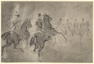 Riding group of riders, feather in black, washed in gray and wiped, sheet: 11.6 x 17.4 cm,