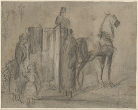 Lady and daughter get into the coach, pencil, wash, sheet: 13.5 x 17.3 cm, not marked, Constantin