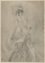 Lady with fan., Half figure picture, pencil, washed, verso: pencil, sheet: 20.9 x 15.2 cm, not