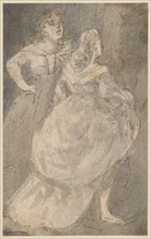 Two girls with shirred skirts, pen and ink, mounted, leaf: 13 x 8.1 cm, not marked, Constantin