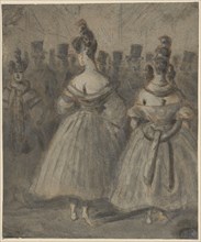 Women, against a background of gentlemen, pencil, washed, Pulled up, Leaf: 16.6 x 13.9 cm, Not