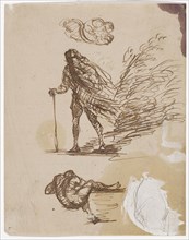 Three pen-and-ink sketches, around 1858, pen and ink on white, blue-lined stationery, drawn up on