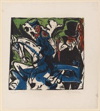 Schlemihl's encounter with the little gray man on the road, 1915, woodcut on blotting paper,