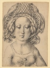 Half-length portrait of a girl with a rich headdress, c. 1470/80, pen in black, Journal: 15.7 x 11
