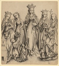 Five female saints with donor, feather in black, Journal: 23.9 x 21.4 cm, Unmarked, Martin