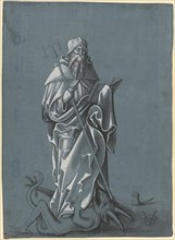 The hl., Antonius, standing on the devil, c. 1507, brush in black, gray and white, on gray-blue