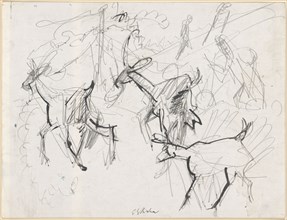 Three goats, c. 1918, pencil, brush with ink, on half board, page: 38.3 x 50.1 cm (largest mass), U