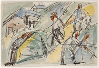 Haymaking, around 1920, chalk and watercolor over pencil, verso: pencil, leaf: 37.5 x 56 cm